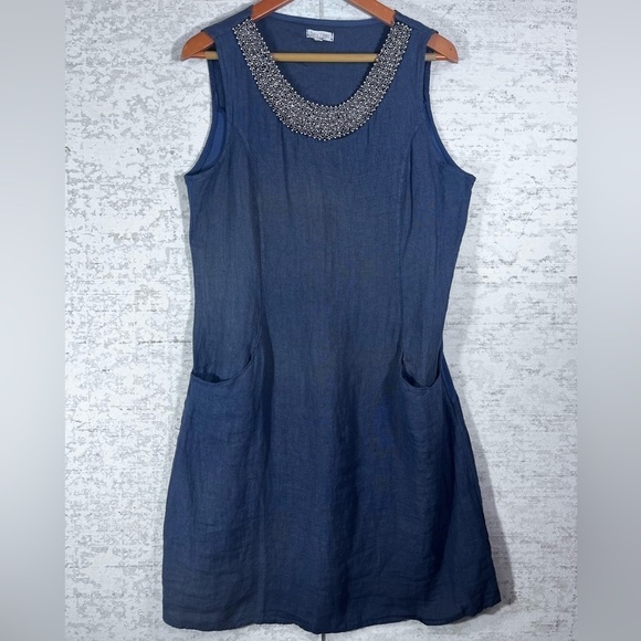 LINA TOMEI 100% Linen Blue Sleeveless Dress Beaded Neckline Side Pockets Size L - Picture 1 of 13